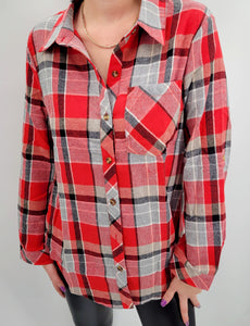 Red Button Up Blouse with Pockets