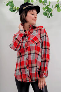 Red Button Up Blouse with Pockets