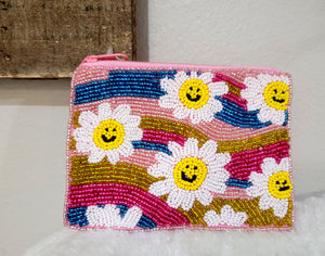 Sunny Days Rainbow Daisy Seed Bead Coin Purse