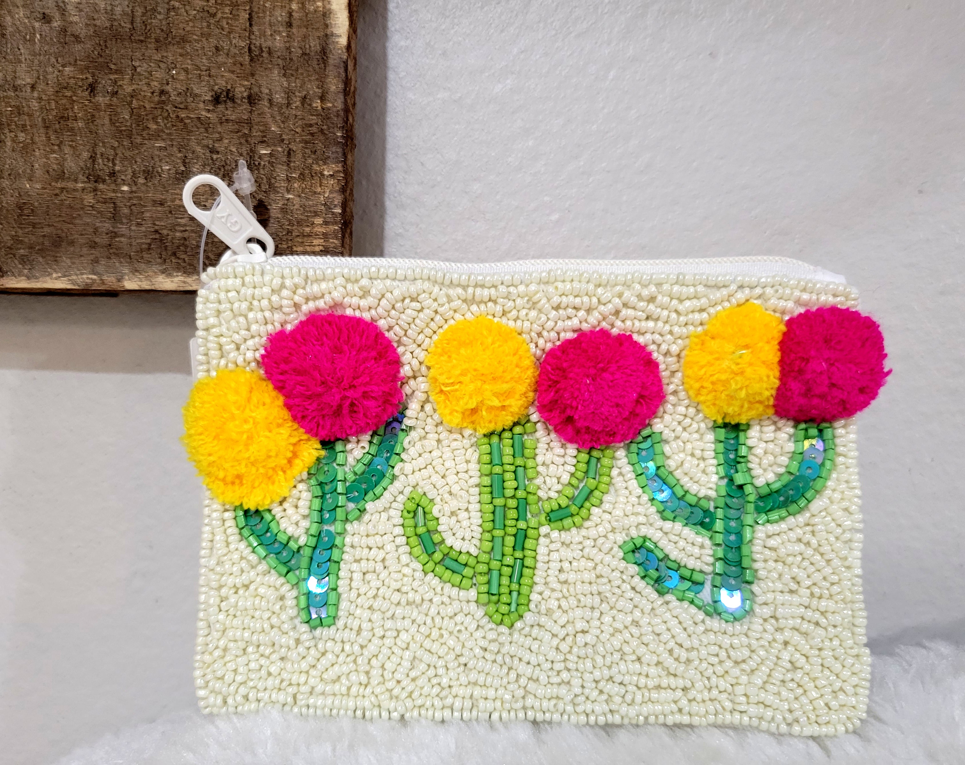 Cactus PomPom Seed Bead Coin Purse