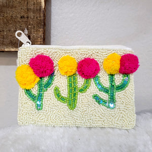 Cactus PomPom Seed Bead Coin Purse