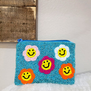 Turquoise Daisy Seed Bead Coin Purse