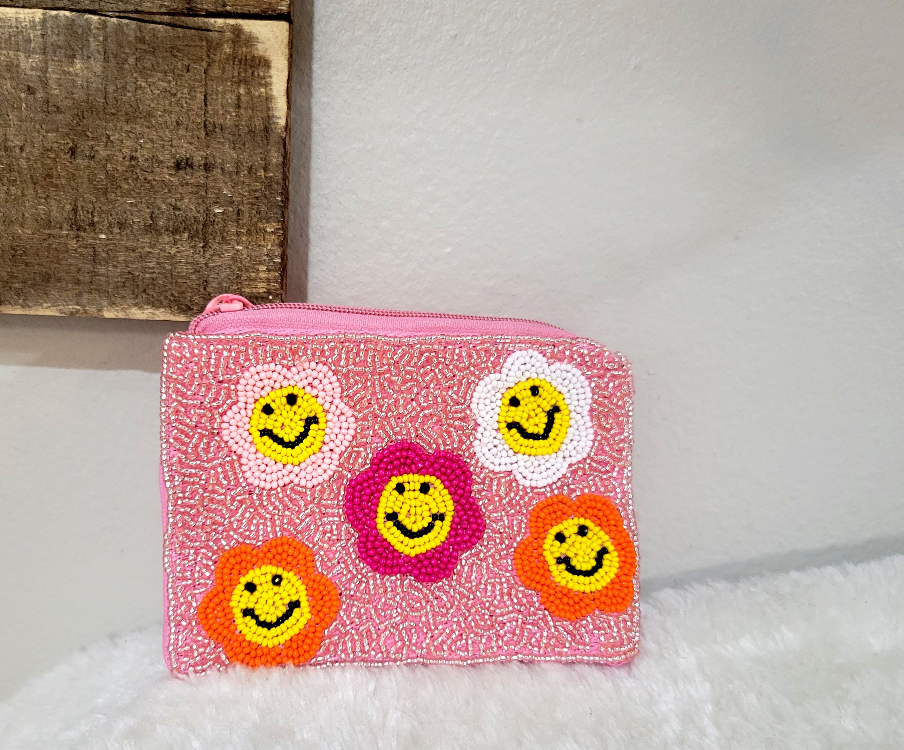 Pink Smiley Face Daisy Seed Bead Coin Purse