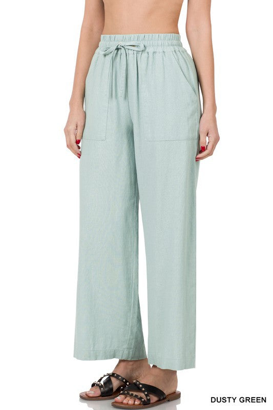Linen Drawstring Waist Pants with Pockets