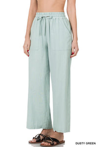 Linen Drawstring Waist Pants with Pockets