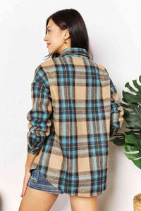 Plaid Curved Hem Shirt Jacket with Pockets