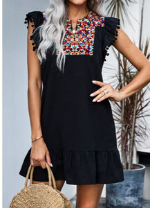 Black Boho PomPom Dress