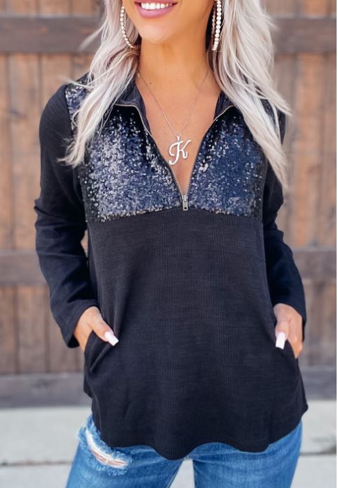 Black Sequin Ribbed Sweatshirt
