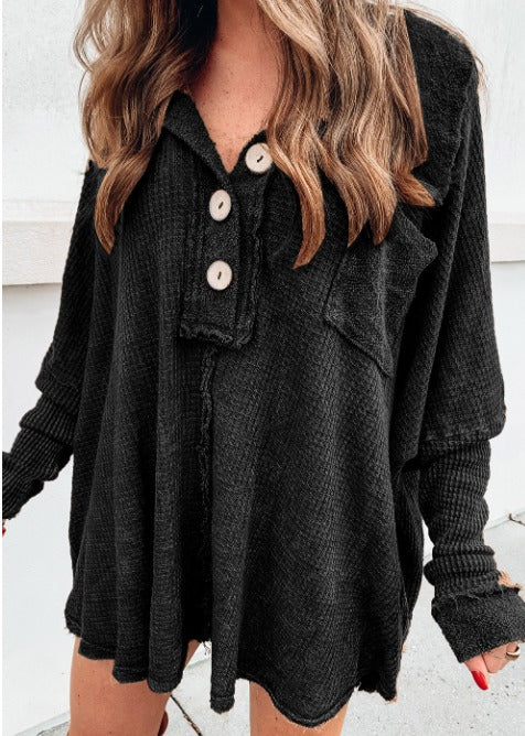 Black Waffle Knit Button Down Tops Presale