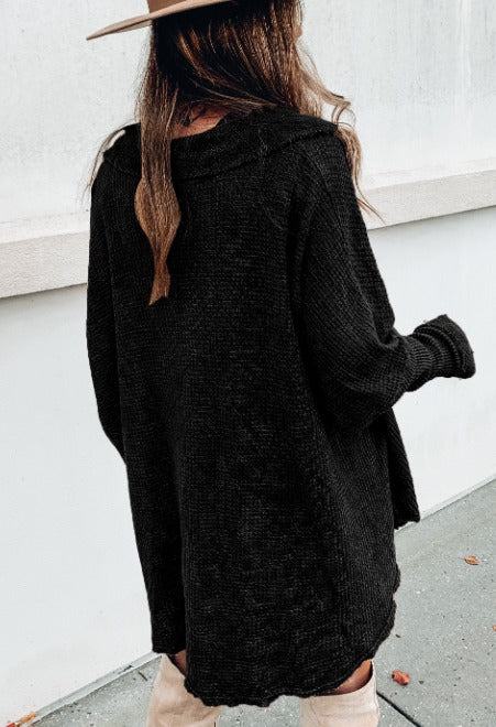 Black Waffle Knit Button Down Tops Presale