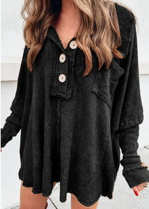 Black Waffle Knit Button Down Tops Presale