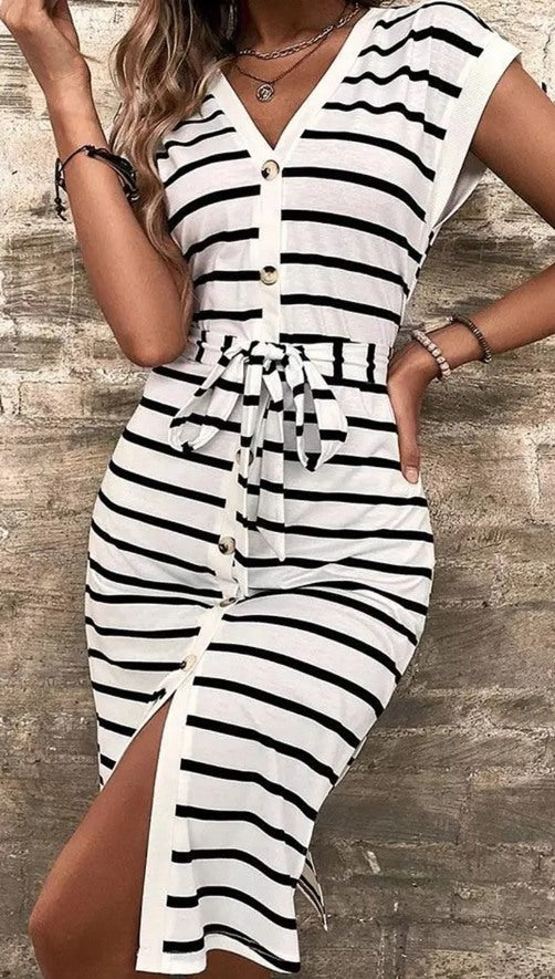 Black and White Striped Button Down Dress Presale