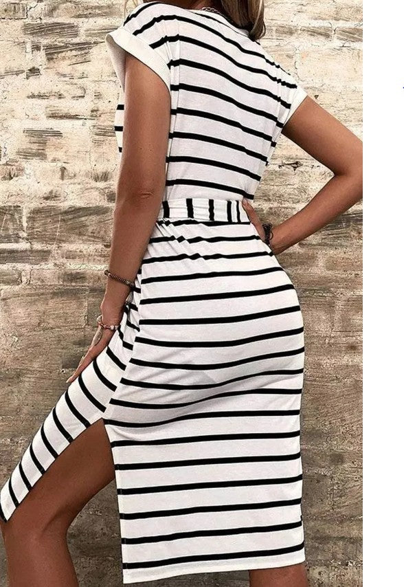 Black and White Striped Button Down Dress Presale