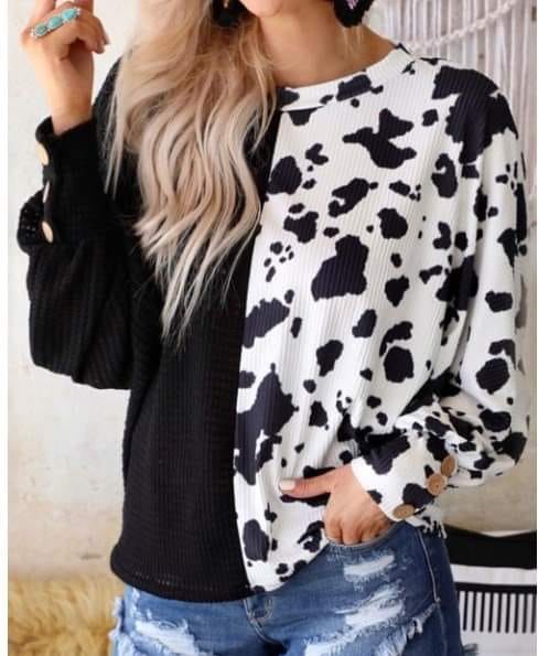 Black Waffle Button Sleeve Cow Print Top
