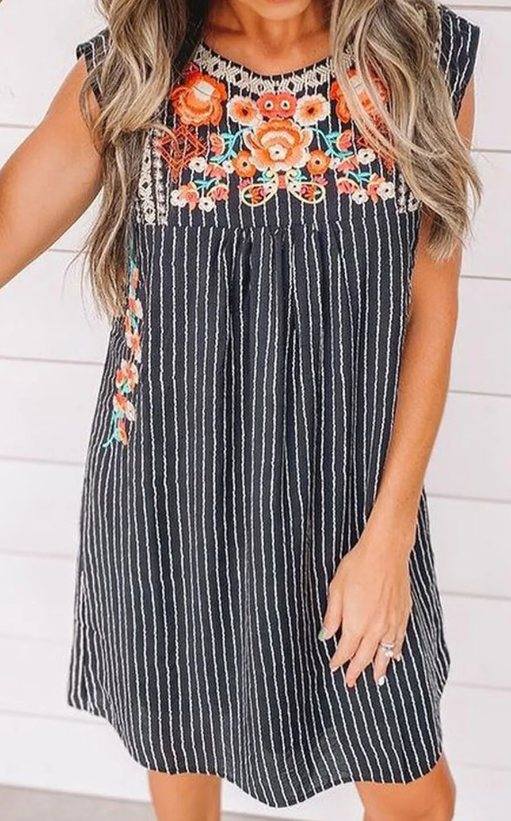 Blue Stripe Floral Embroidery Dress Presale