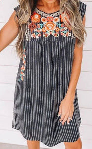 Blue Stripe Floral Embroidery Dress Presale