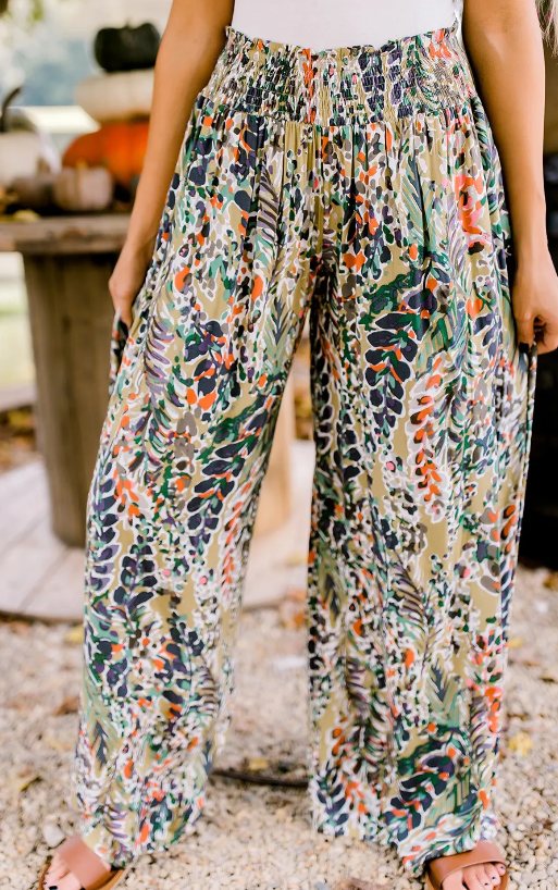 Boho Print Floral Shirred High Waisted Pants Presale