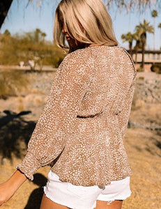 Brown Floral Print Front Tie Ruffled Sleeve Blouse