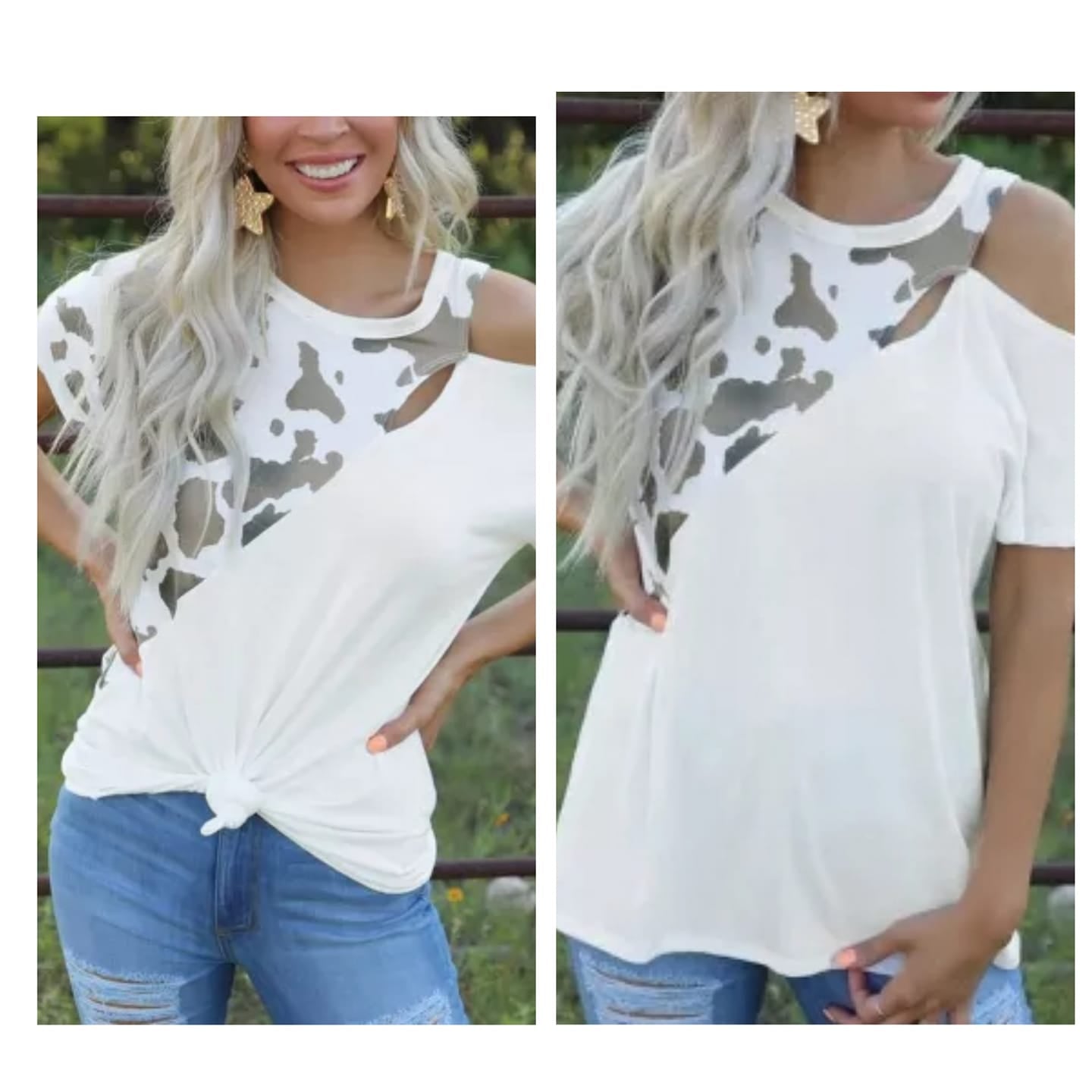 Cold Shoulder Cow Print Tee