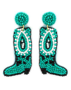 Turquoise Cow Girl Boot Seed Bead Earrings