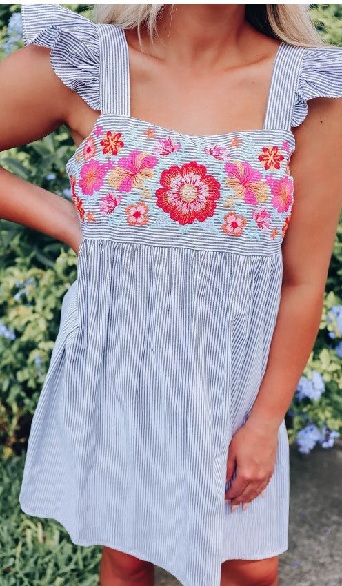 Embroidered Stripe Ruffle Dress Presale