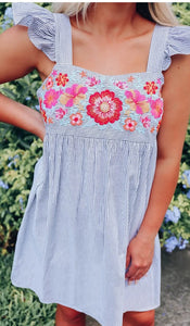 Embroidered Stripe Ruffle Dress Presale