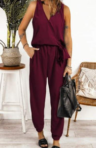 Deep V Neck Jumpsuit Wine