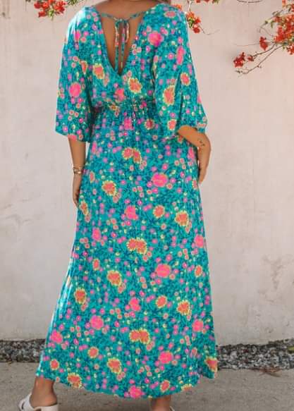 Green Boho V Neck Dress