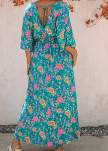 Green Boho V Neck Dress