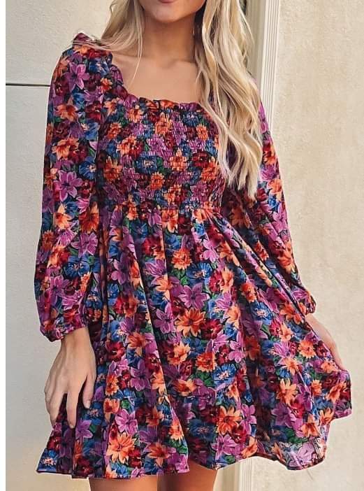 Purple Smocked Floral Dress Presale