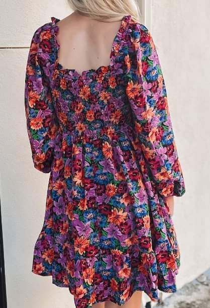 Purple Smocked Floral Dress Presale