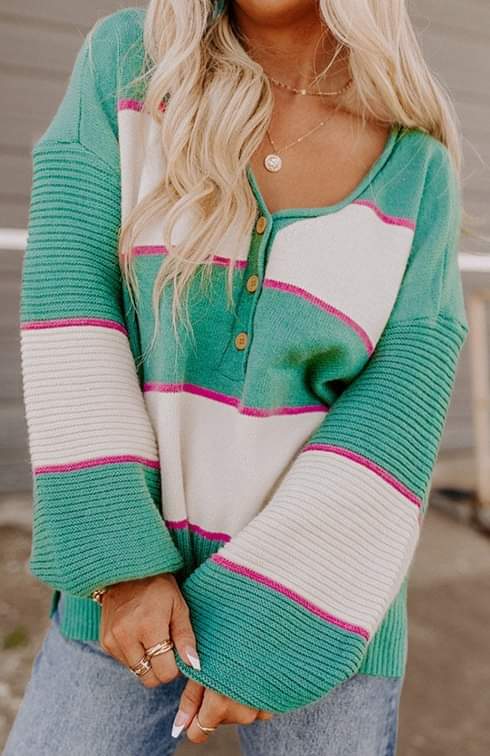 Green Striped V Neck Sweater