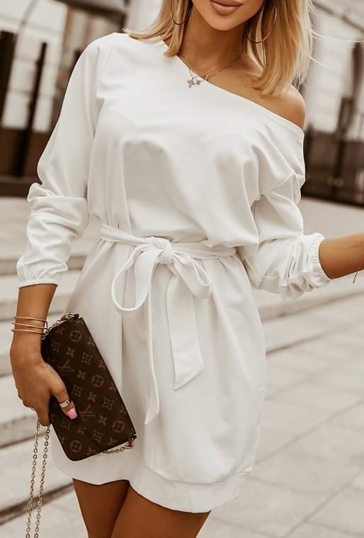 White Crew Neck Belted Mini Dress Presale