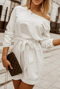 White Crew Neck Belted Mini Dress Presale