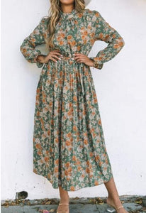 Green Pleated Floral Maxi Dress Presale