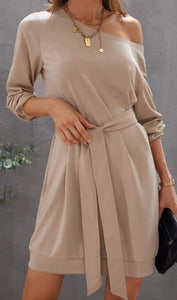 Khaki Crewneck Long Sleeve Dress