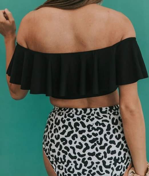 Off The Shoulder High Waist Leopard Swim