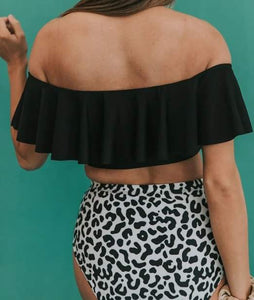 Off The Shoulder High Waist Leopard Swim