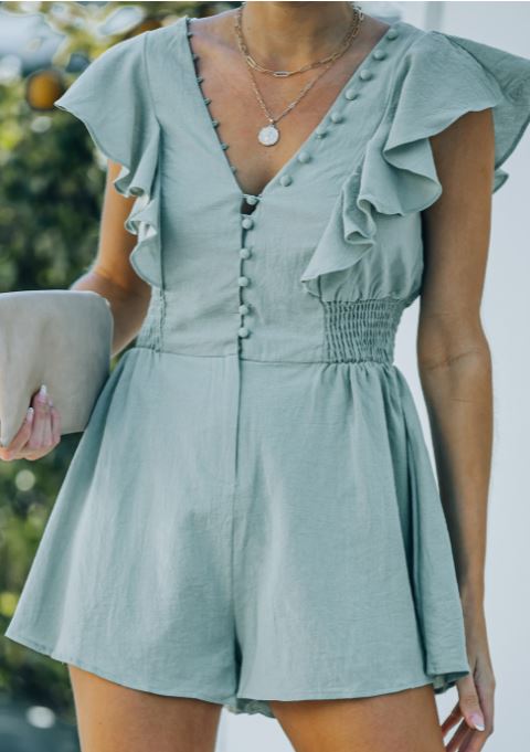 Green Button V Neck Romper Presale