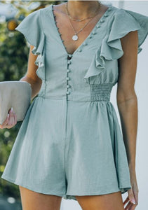 Green Button V Neck Romper Presale