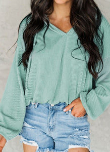 Green Loose Fit Ribbed Hoodie