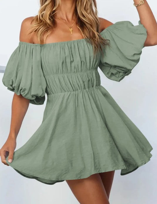 Green Shirred Bubble Sleeve Dress Presale