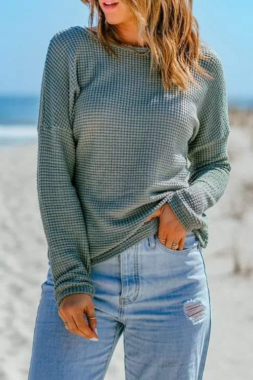 Green Waffle Drop Shoulder Sweater