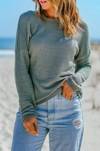 Green Waffle Drop Shoulder Sweater