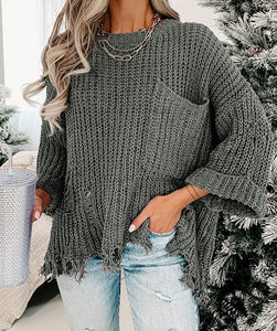 Grey Ripped Chunky Pullover Sweater