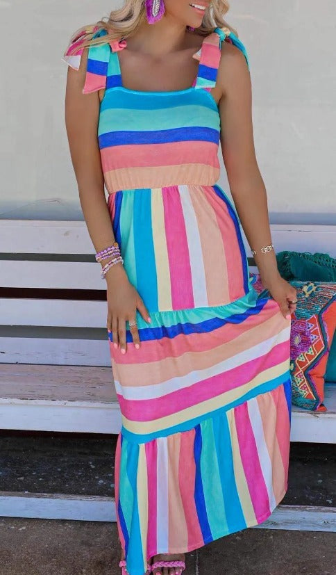 Multi Color Stripe Bow Knot Tie Strap Maxi Dress Presale