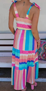Multi Color Stripe Bow Knot Tie Strap Maxi Dress Presale