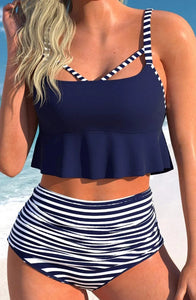 Navy Ruffle High Waisted Swim Set Presale