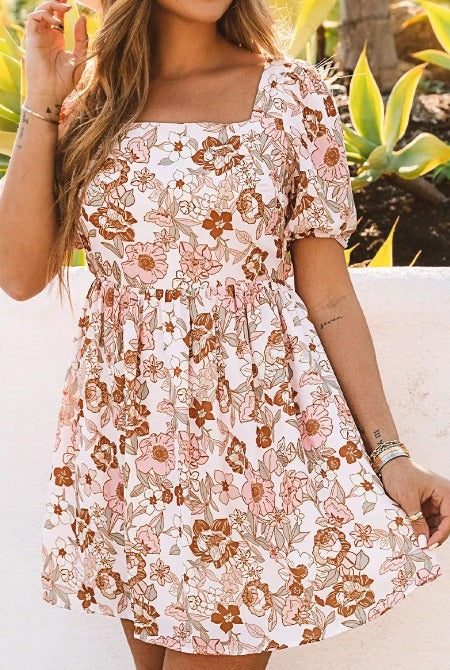 Neutral Floral Square Neck Dress Presale