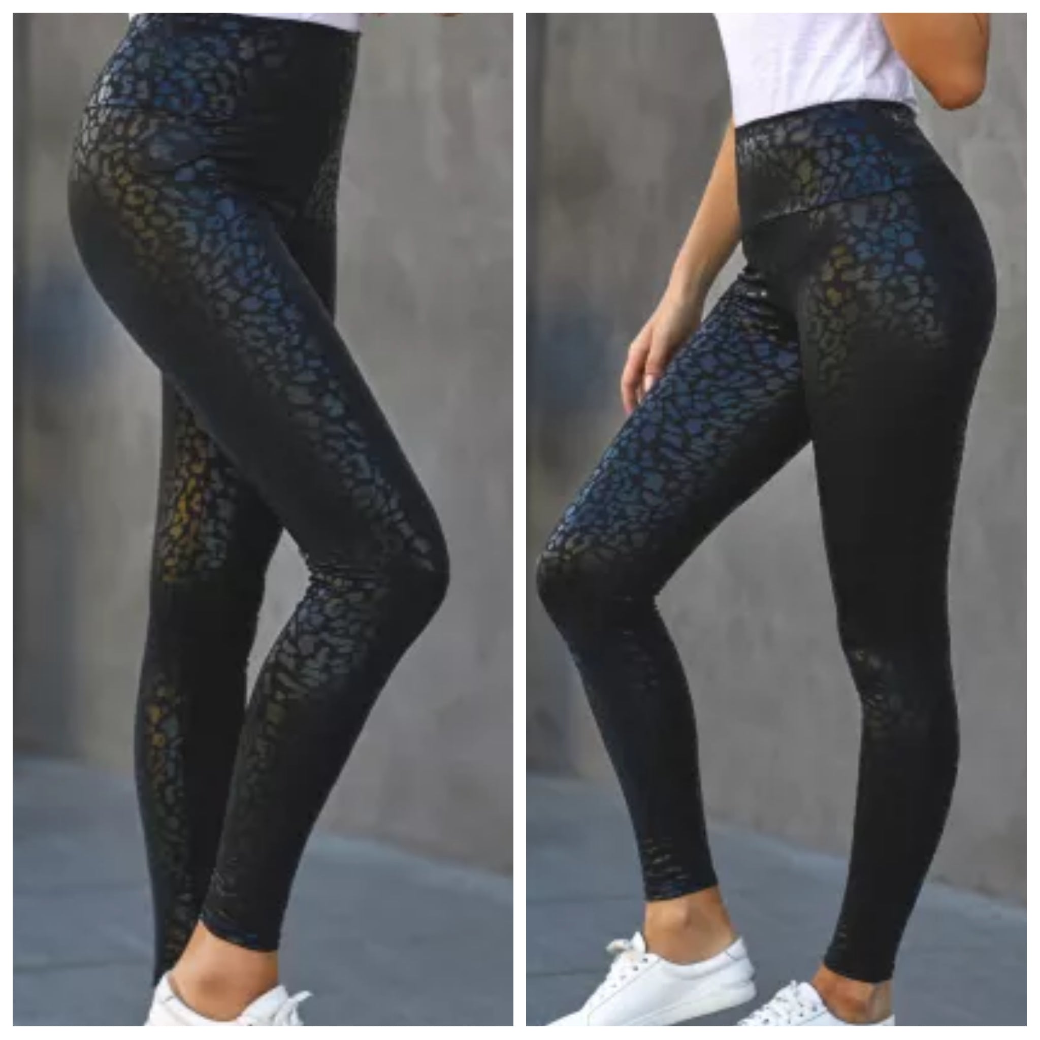 Women's Black Shiny Leopard Textured Leggings 